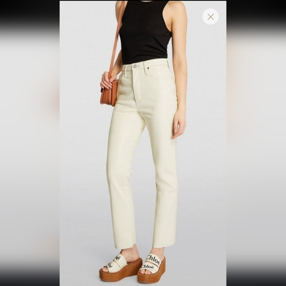 Frame Le High N Tight Straight Leg Recycled Leather Ankle Pants Bone Cream 28 - Picture 1 of 9